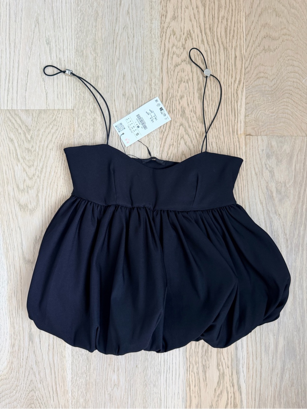 Zara NWT Black Spaghetti-Strap Bubble Hem Top